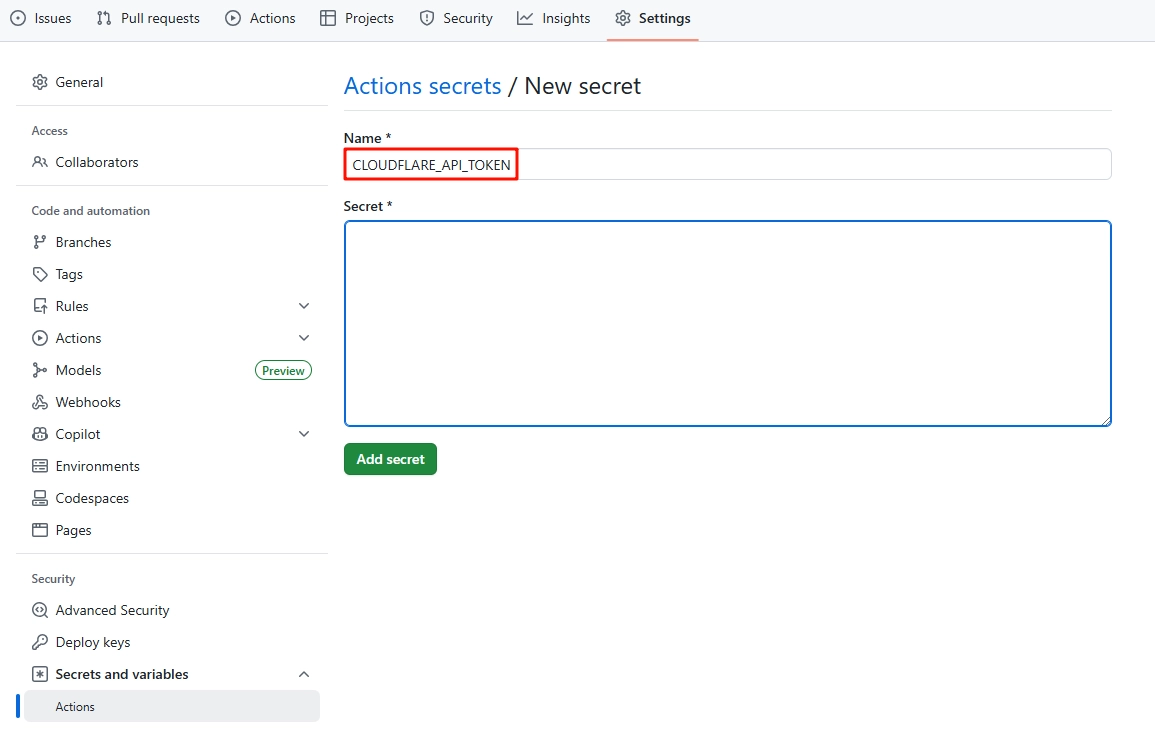 设置 CLOUDFLARE_API_TOKEN